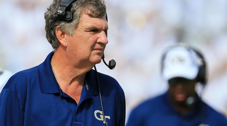 Georgia Tech coach Paul Johnson looks on during the second half against the Georgia Southern Eagles at Bobby Dodd Stadium on October 15, 2016 in Atlanta, Georgia. (Photo by Daniel Shirey/Getty Images)