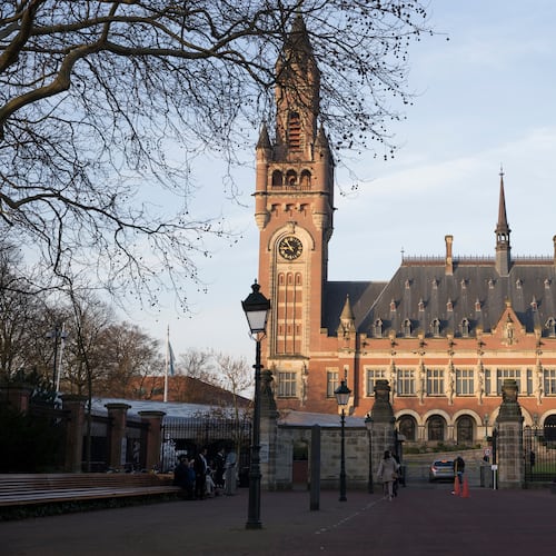 FILE - Exterior view of the Peace Palace, which houses the International Court of Justice, or World Court, in The Hague, Netherlands, Monday, Feb. 18, 2019. (AP Photo/Peter Dejong, File)