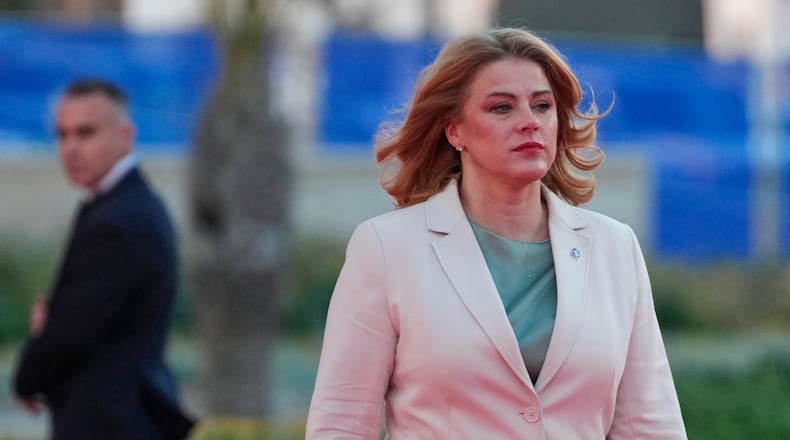 FILE - Latvia's Prime Minister Evika Silina arrives for the EU Summit in Ayia Napa, Cyprus, on April 23, 2026. (AP Photo/Petros Karadjias, File)