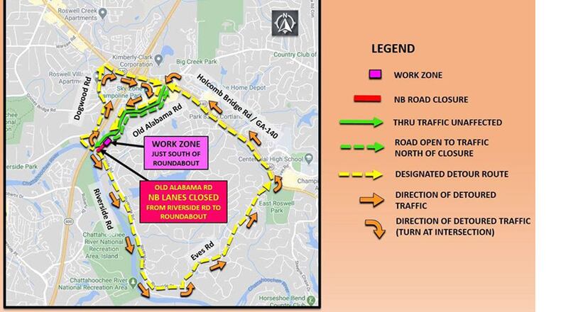 Map depicts the recommended detours when the northbound lanes of Old Alabama Road are closed north of Riverside Road in Roswell for emergency repairs. CITY OF ROSWELL