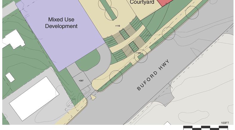 One of several options under consideration by Norcross and Gwinnett County for a new library and parking deck along Buford Highway. Courtesy of City of Norcross