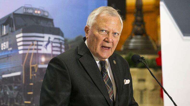 12/12/2018 — Atlanta, Georgia — Georgia Governor Nathan Deal speaks during a press conference in the Georgia State Capitol building in Atlanta, Wednesday, December 12, 2018. During the presser, Fortune 500 company Norfolk Southern officially announced that they will be moving their headquarters to Atlanta. They will be building in Atlanta’s Midtown community. (ALYSSA POINTER/ALYSSA.POINTER@AJC.COM)