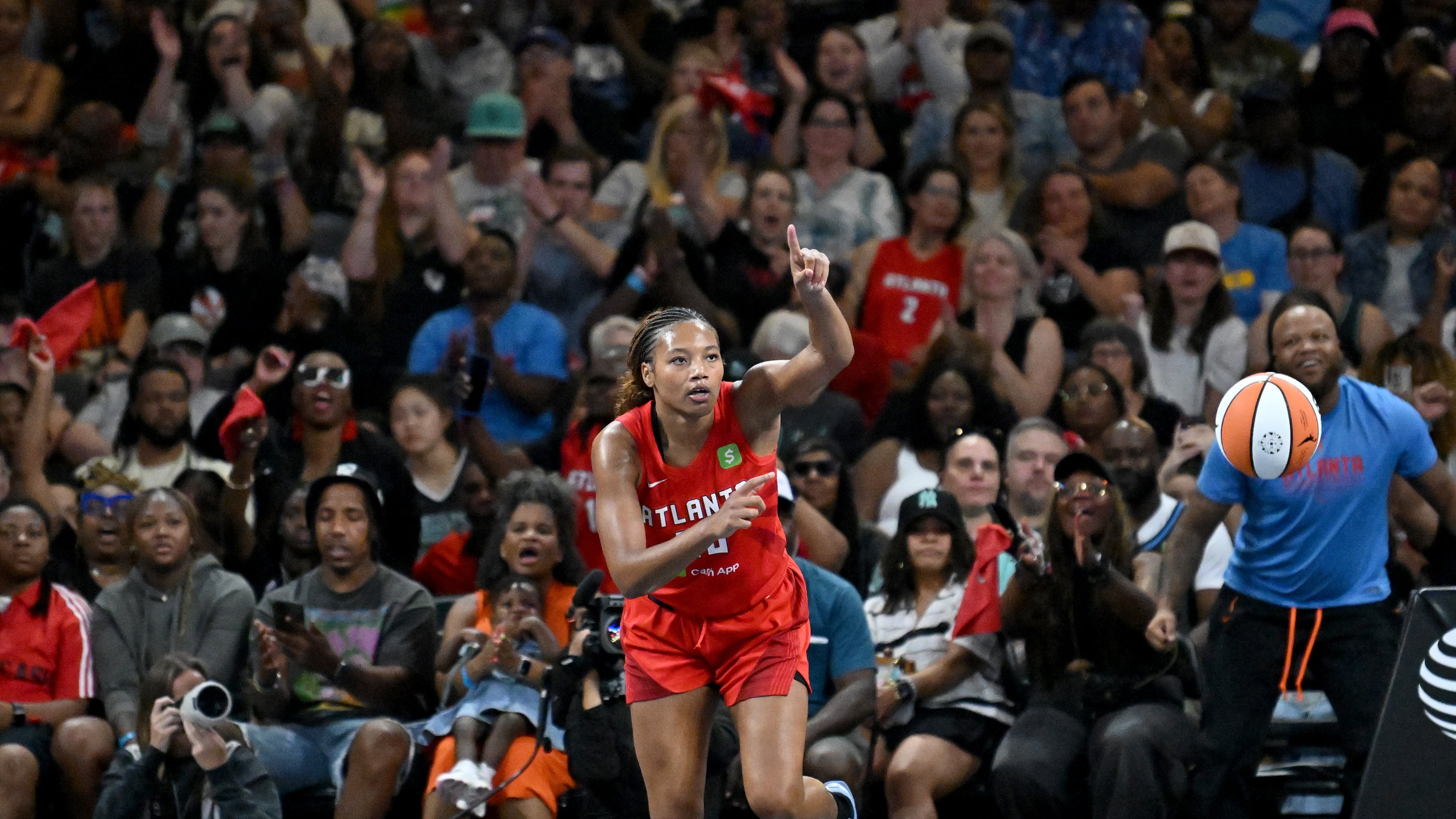 Atlanta Dream forward Naz Hillmon (0) reacts after scoring during the second half in a WNBA basketball game at Gateway Center Arena, Saturday, August 23, 2025, in Atlanta. Atlanta Dream won 78-62 over New York Liberty. (Hyosub Shin / AJC)