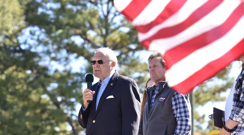 October 29, 2018 Jefferson - Gov. Nathan Deal speaks to support GOP gubernatorial candidate Brian Kemp during The Georgia Republican Party "Road to Victory" Bus Tour at Crow's Lake in Jefferson on Monday, October 29, 2018. Georgia's gubernatorial candidates are spending the final days of the race traveling across the state in search of votes. HYOSUB SHIN / HSHIN@AJC.COM
