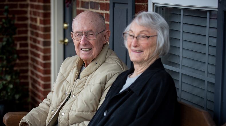 Easton and Lila Wall say they are adapted to quarantine life in their cottage at Belmont Village Senior Living Johns Creek. A week after the nationwide shutdown in March, Easton Wall celebrated his 90th birthday from the cottage front porch, waving to family. STEVE SCHAEFER FOR THE ATLANTA JOURNAL-CONSTITUTION