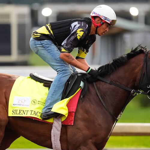 Kentucky Derby entrant Silent Tactic works out at Churchill Downs Tuesday, April 28, 2026, in Louisville, Ky. (AP Photo/Charlie Riedel)