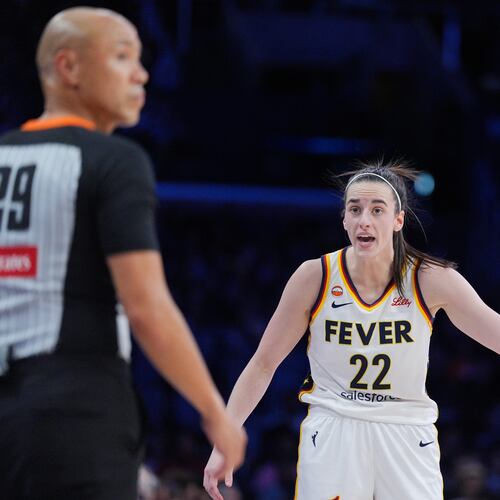 Indiana Fever guard Caitlin Clark (22) reacts to a call during the first half of a WNBA basketball game against the Los Angeles Sparks Wednesday, May 13, 2026, in Los Angeles. (AP Photo/Jae C. Hong)