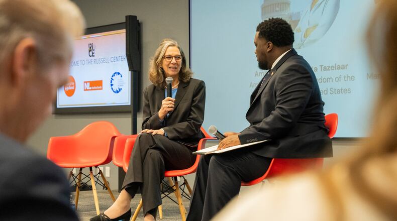 Her Excellency Birgitta Tazelaar, Ambassador of the Netherlands to the United States (left), speaks at the Black Business Breakfast at the Russell Center on Wednesday morning, Feb. 14, 2024. The event is part of the Dutch government's initiative to engage with the Black community in Atlanta through business, cultural exchange, and social justice following the Dutch government’s formal apology for their role in slavery in 2022. (Olivia Bowdoin for the AJC).