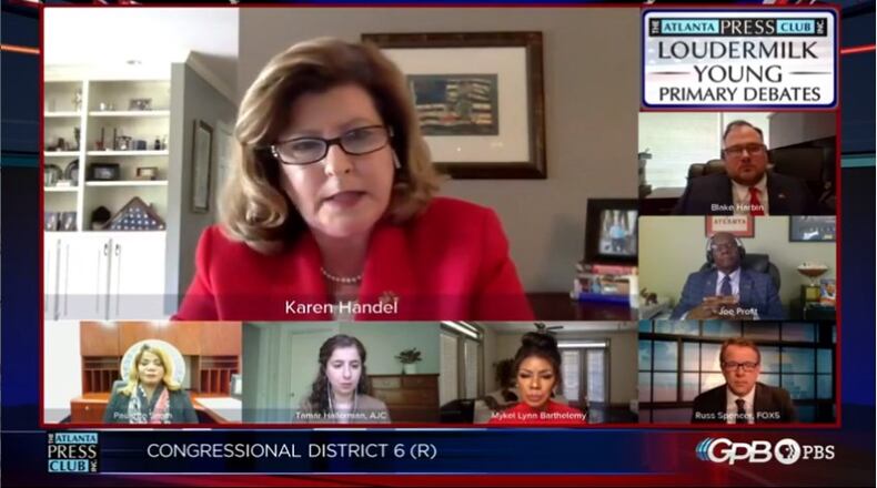 Screenshot of former U.S. Rep. Karen Handel speaking during an Atlanta Press Club debate on May 4, 2020, that included four other Republican candidates for Georgia’s 6th Congressional District.