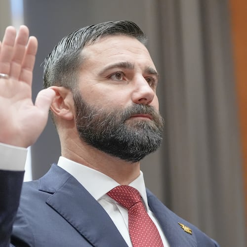Cameron Hamilton sworn during a Senate Committee on Homeland Security and Government Affairs Committee hearing to examine his nomination to be Administrator of the Federal Emergency Management Agency, Wednesday, June 17, 2026, on Capitol Hill in Washington. (AP Photo/Mariam Zuhaib)