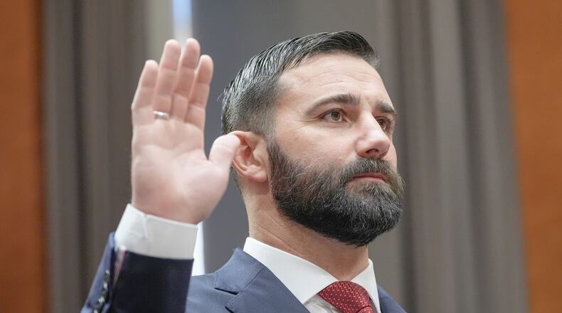 Cameron Hamilton sworn during a Senate Committee on Homeland Security and Government Affairs Committee hearing to examine his nomination to be Administrator of the Federal Emergency Management Agency, Wednesday, June 17, 2026, on Capitol Hill in Washington. (AP Photo/Mariam Zuhaib)