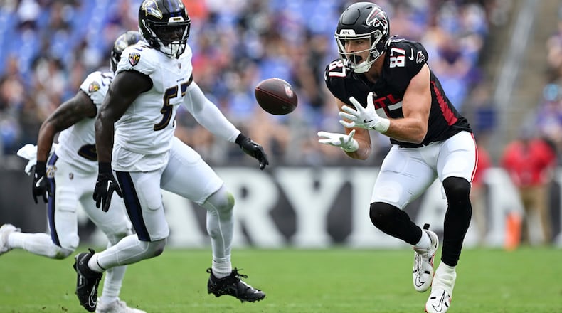 Atlanta Falcons tight end John FitzPatrick (87) catches the ball against Baltimore Ravens linebacker Yvandy Rigby (57) during the second half of an preseason NFL football game, Saturday, Aug. 17, 2024, in Baltimore. (AP Photo/Terrance Williams)