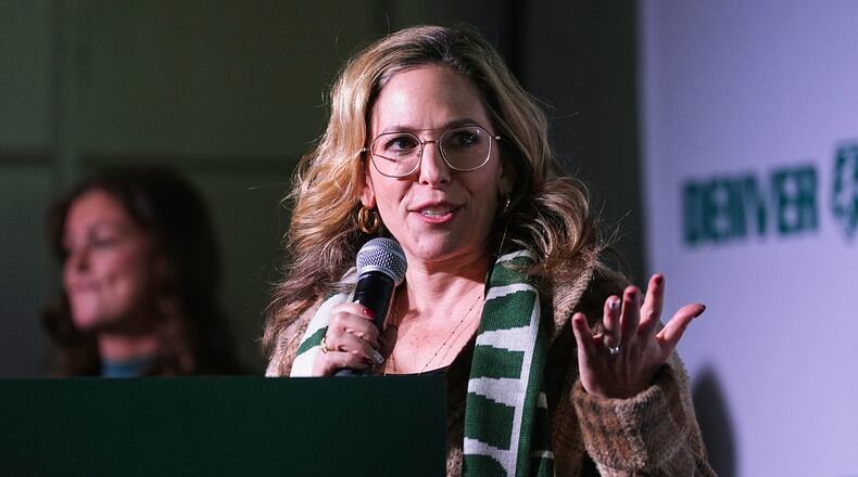 FILE - Jessica Berman, commissioner of the National Women's Soccer League, speaks at a news conference, Jan. 30, 2025, in Denver. (AP Photo/David Zalubowski, File)