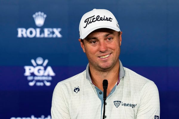 Justin Thomas speaks during a news conference at the PGA Championship golf tournament at the Quail Hollow Club, Tuesday, May 13, 2025, in Charlotte, N.C. (AP Photo/Matt York)