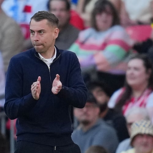 FILE - Southampton's coach Tonda Eckert reacts during the FA Cup semifinal soccer match between Manchester City and Southampton in Manchester, England, Saturday, April 25, 2026. (AP Photo/Kin Cheung, File(