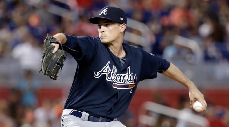 Atlanta Braves starting pitcher Max Fried delivers during the first inning of a baseball game against the Miami Marlins, Sunday, Oct. 1, 2017, in Miami. (AP Photo/Lynne Sladky)