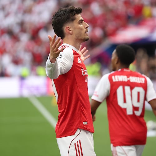 Arsenal's Kai Havertz celebrates after scoring during the Champions League final soccer match between Paris Saint-Germain and Arsenal in Budapest, Hungary, Saturday, May 30, 2026. AP Photo/Armin Durgut)
