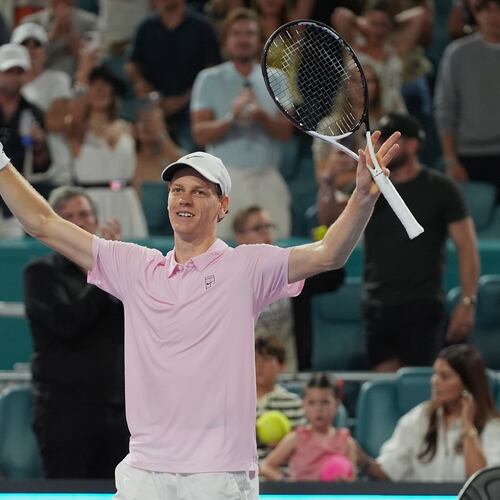 Jannik Sinner of Italy reacts after defeating Alexander Zverev of Germany during a semifinal match at the Miami Open tennis tournament, Friday, March 27, 2026, in Miami Gardens, Fla. (AP Photo/Marta Lavandier)