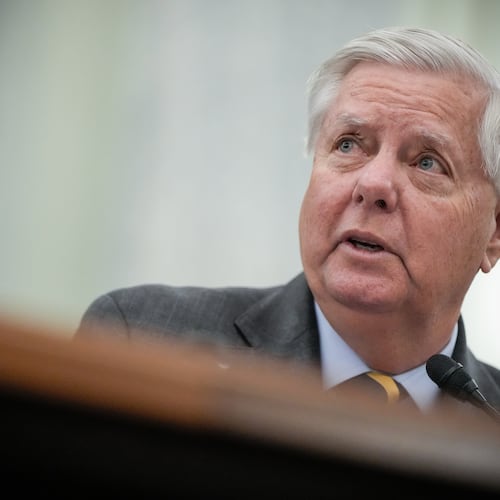 FILE - Sen. Lindsey Graham, R-S.C., introduces Adm. Kevin Lunday, acting commandant of the U.S. Coast Guard, during a Senate Commerce, Science and Transportation Committee hearing on the nomination Lunday for Commandant of the Coast Guard, Nov. 19, 2025, on Capitol Hill in Washington. (AP Photo/Julia Demaree Nikhinson, File)
