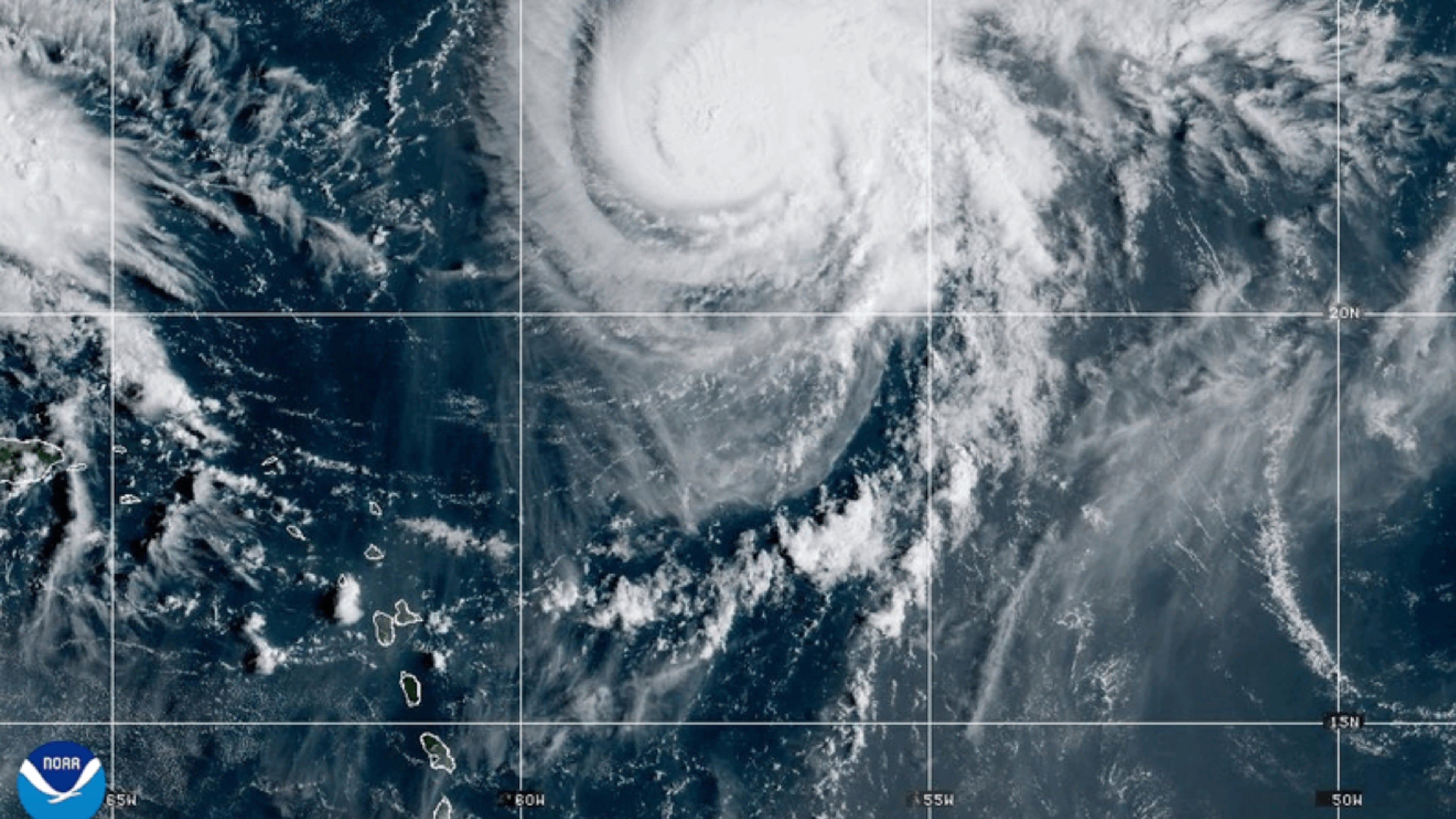 This satellite image provided by NOAA shows Hurricane Humberto on Friday, Sept. 26, 2025. (NOAA via AP)