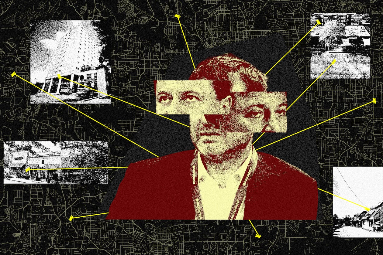 Over seven years, Khotimskiy and LLCs linked to him spent millions on real estate. Most of the investors who sold him property say they never met him.  (Illustration: Philip Robibero/AJC | Source: Thad Moore/AJC, Miguel Martinez/AJC, Getty)