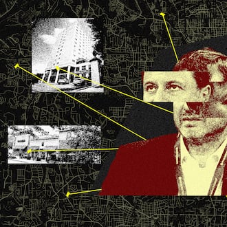 Over seven years, Khotimskiy and LLCs linked to him spent millions on real estate. Most of the investors who sold him property say they never met him. (Illustration: Philip Robibero/AJC | Source: Thad Moore/AJC, Miguel Martinez/AJC, Getty)