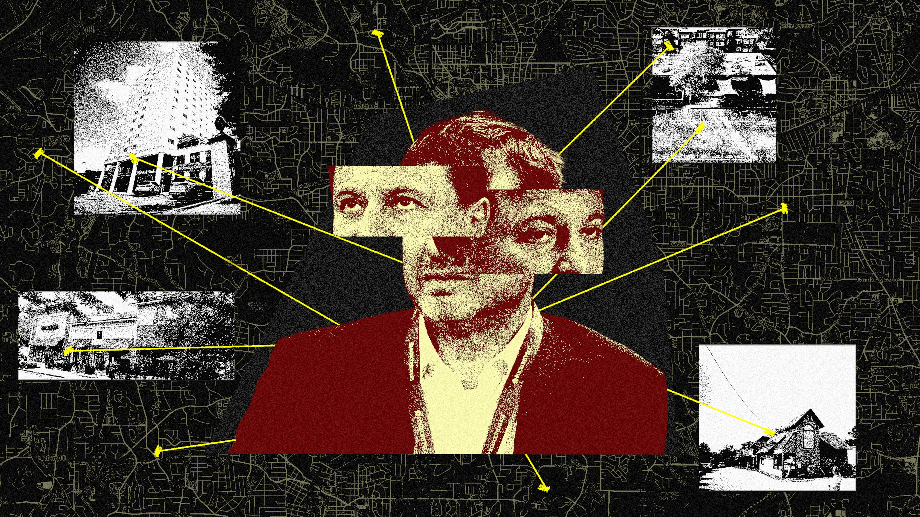 Over seven years, Khotimskiy and LLCs linked to him spent millions on real estate. Most of the investors who sold him property say they never met him. (Illustration: Philip Robibero/AJC | Source: Thad Moore/AJC, Miguel Martinez/AJC, Getty)