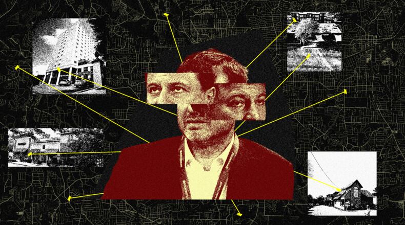 Over seven years, Khotimskiy and LLCs linked to him spent millions on real estate. Most of the investors who sold him property say they never met him. (Illustration: Philip Robibero/AJC | Source: Thad Moore/AJC, Miguel Martinez/AJC, Getty)