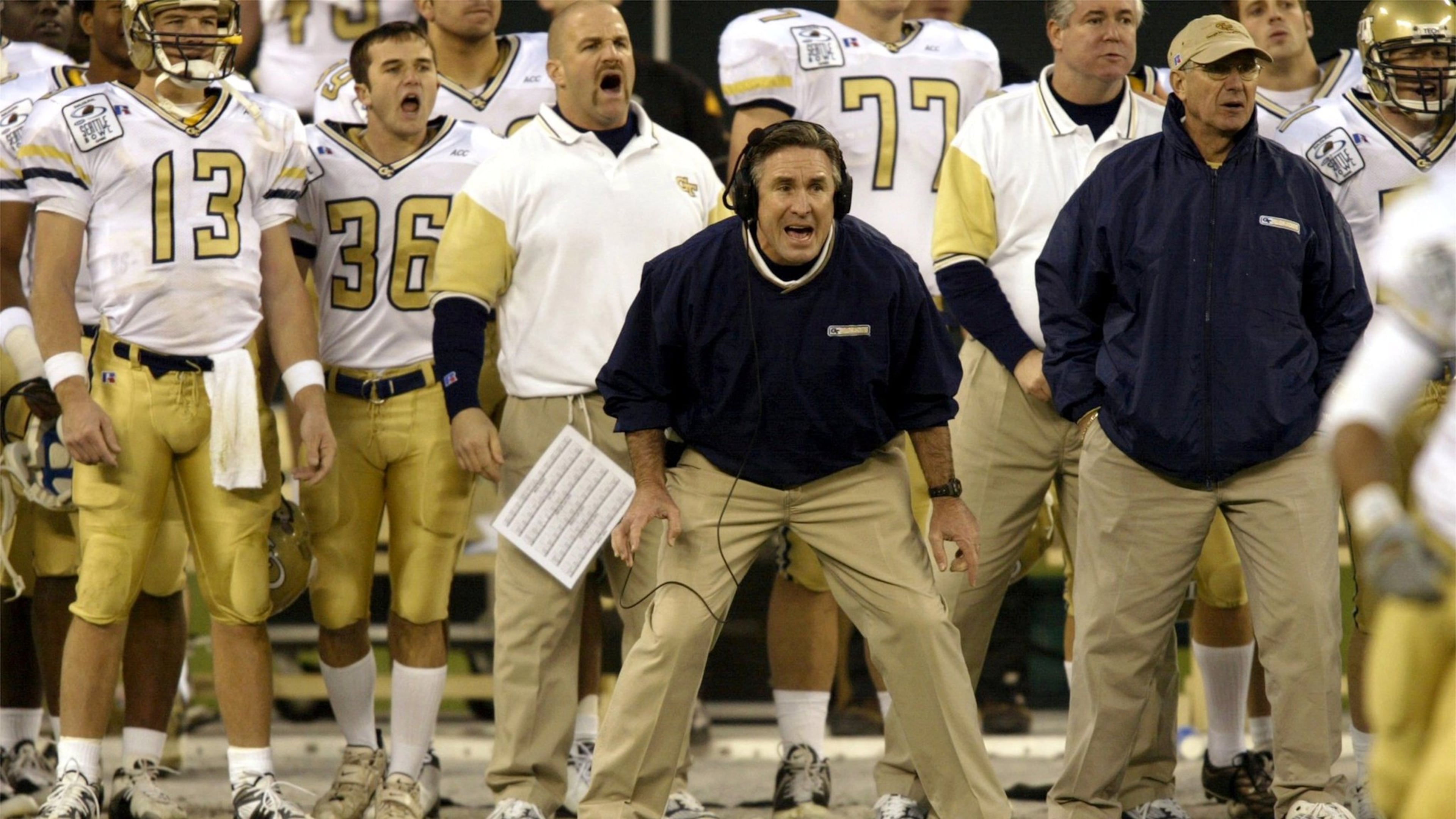 Mac McWhorter (center) was offensive line coach for Georgia Tech from 2000-01, overseeing Brent Key. He was also a coach at UGA from 1991-95, where he recruited Kirby Smart out of high school. (Jim Bates/The Seattle Times)
