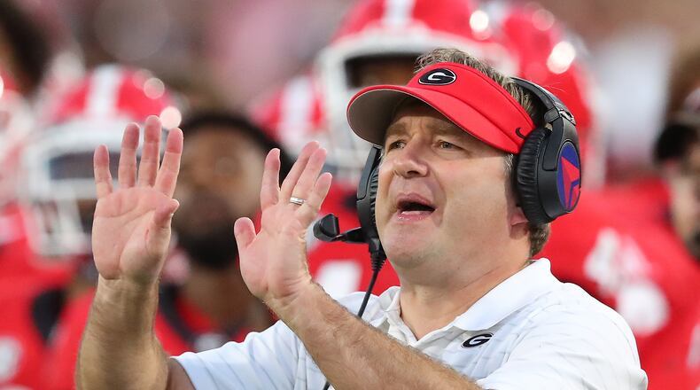 Georgia head coach Kirby Smart urges his defense during the 4th quarter against Kentucky in a NCAA college football game on Saturday, Oct. 16, 2021, in Athens. “Curtis Compton / Curtis.Compton@ajc.com”