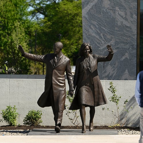Statues of former President Barack Obama and former First Lady Michelle Obama at the Obama Presidential Center in Chicago, Thursday, May 28, 2026. (AP Photo/Paul Beaty)