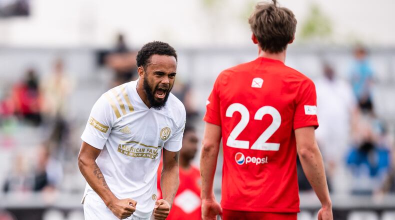 Atlanta United defender Anton Walkes (4) celebrates scoring against Birmingham Legion FC during a friendly match Sunday, March 28, 2021, at BBVA Field in Birmingham, Ala. (Jacob Gonzalez/Atlanta United)