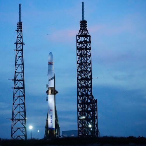 FILE - A Blue Origin New Glenn rocket stands ready for launch at the Cape Canaveral Space Force station in Cape Canaveral, Fla., April 18, 2026. (AP Photo/John Raoux, File)
