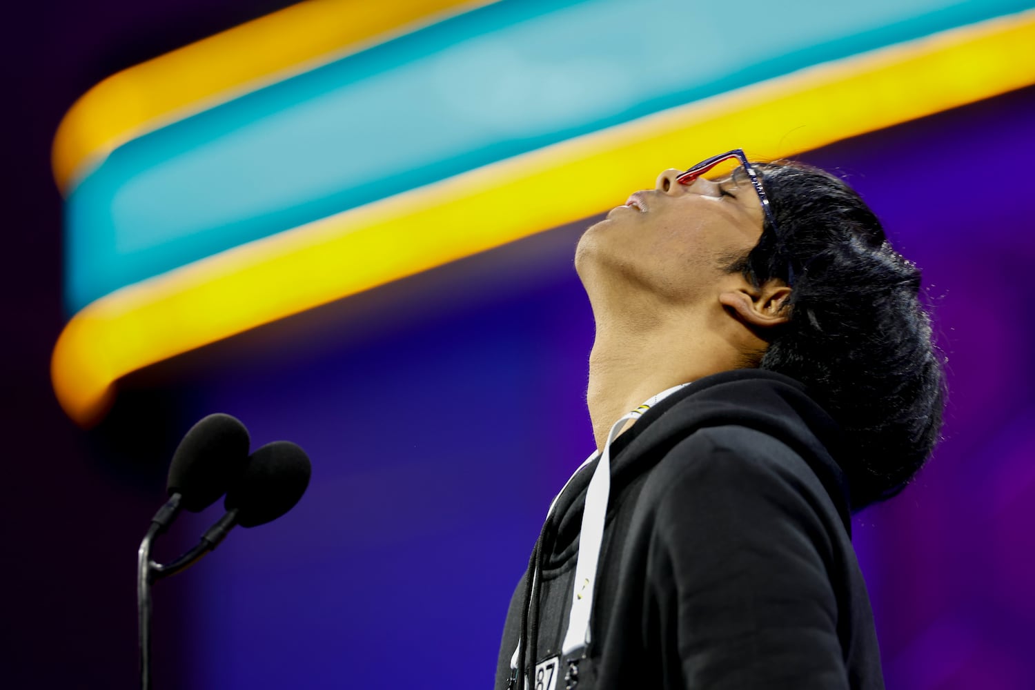 Faizan Zaki, 13, of Dallas, competes in the finals of the Scripps National Spelling Bee in National Harbor, Md., on Thursday, May 29, 2025. (Ting Shen/The New York Times) 