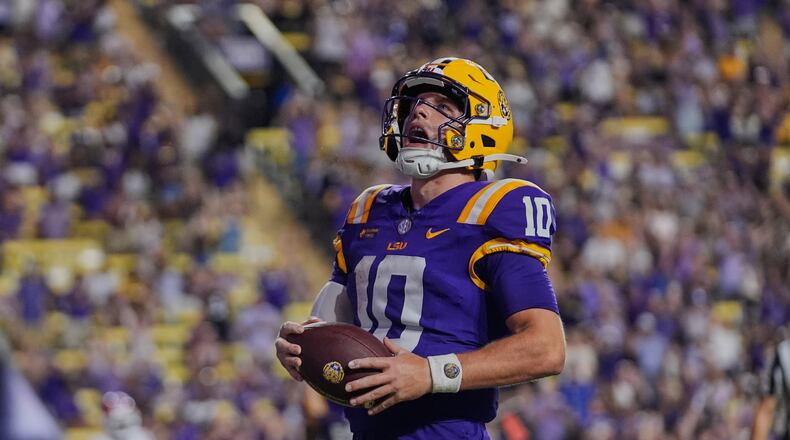 LSU quarterback Sam Leavitt (10) reacts after scoring a touchdown in the second half of an NCAA college football game against Louisiana Tech, Saturday, Sept. 12, 2026 in Baton Rouge, La. (AP Photo/Gerald Herbert)