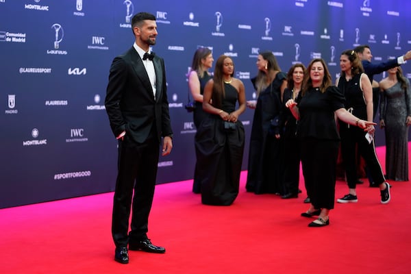 Novak Djokovic of Serbia, poses during the 2025 Laureus World Sports Awards in Madrid, Spain, Monday, April 21, 2025. (AP Photo/Manu Fernandez)