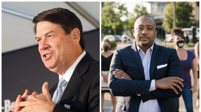 Sandy Springs Mayor Rusty Paul, left, is a veteran Republican operative. This year, he's facing competition from Dontaye Carter, an outspoken liberal, as Democrats are fielding candidates for local government offices that were once held by staunch conservatives. Credit Keven Lowery; Image of Rusty Paul Credit Bob Andres