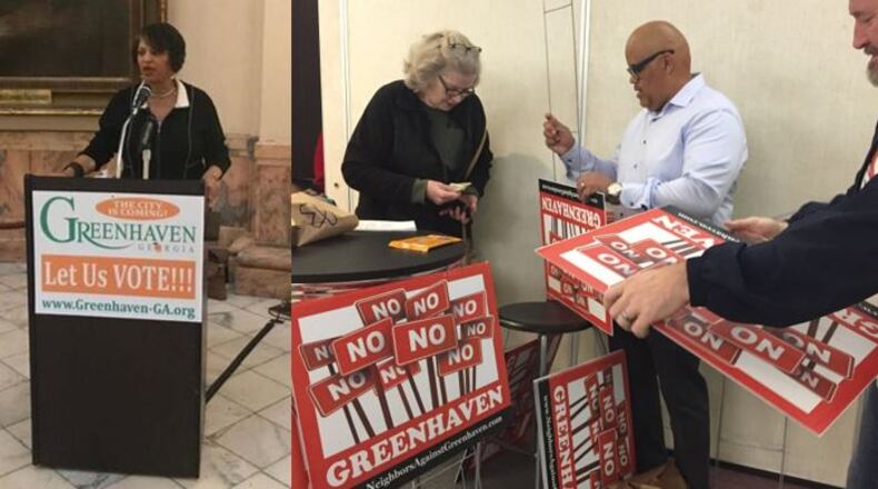 Kathryn Rice (left) is a proponent of the city of Greenhaven, which is opposed by groups like Concerned Citizens in Opposition to Greenhaven (right).
