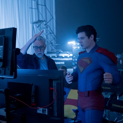DC Studios co-CEO and "Superman" director James Gunn (left) works with David Corenswet during the filming of the movie, set to be released on Thursday, July 10, 2025. (Courtesy of Warner Brothers)