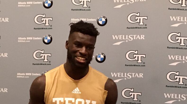 Georgia Tech wide receiver Adonicas Sanders speaks with reporters after practice on October 9, 2019. (AJC photo by Ken Sugiura)