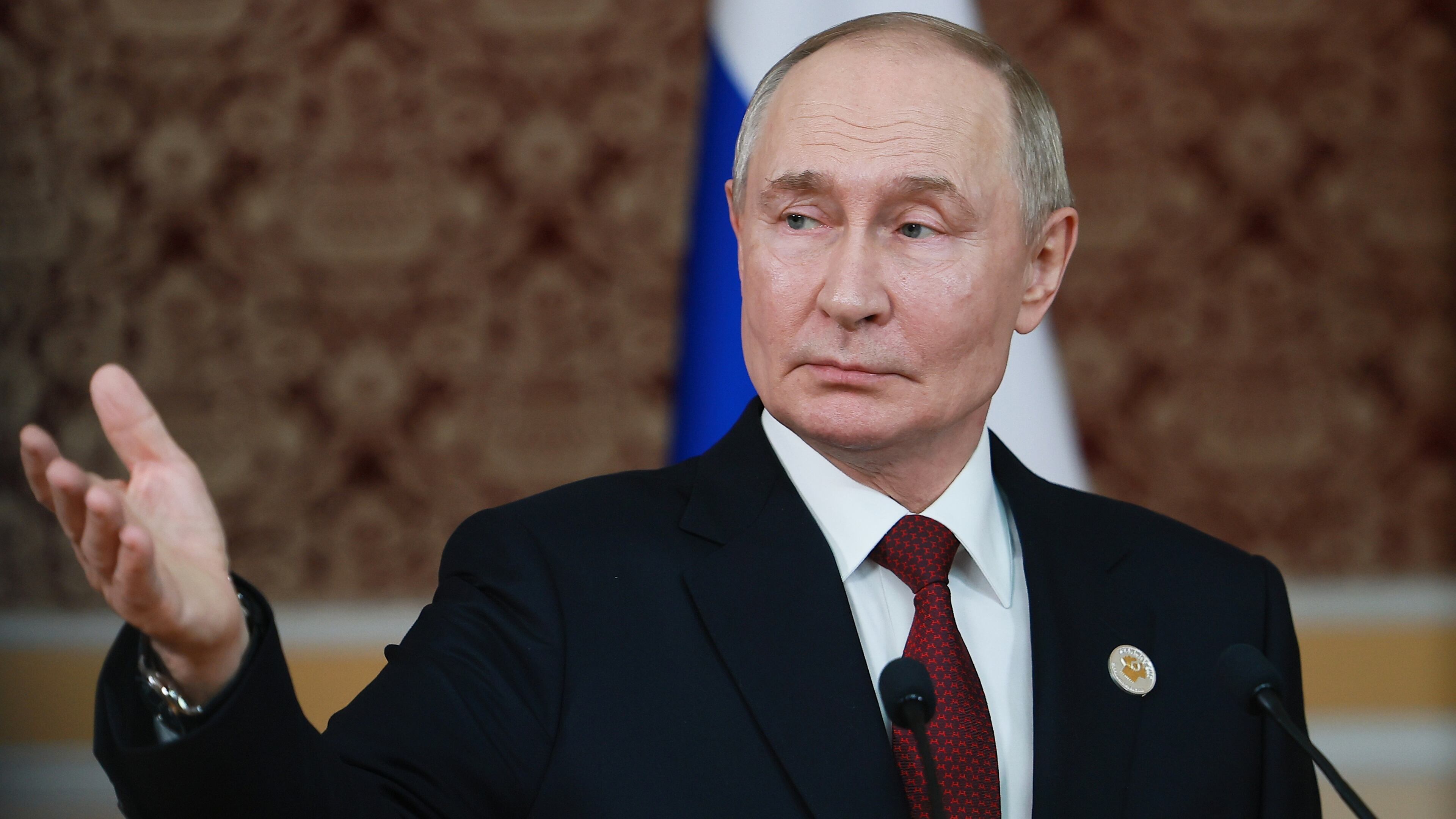 Russian President Vladimir Putin holds a news conference after the summit of the Commonwealth of Independent States in Dushanbe, Tajikistan, Friday, Oct. 10, 2025. (Vladimir Smirnov, Sputnik, Kremlin Pool Photo via AP)