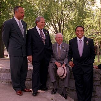 After the Olympics, former Mayor Andrew Young (second from right) turned more of his attention to economic development through GoodWorks and the Southern African Enterprise Development Fund. He also found time to burnish his legacy and to serve as a living link to Atlanta's Civil Rights past. In 1997, he joined four other living Atlanta mayors (Bill Campbell, Sam Massell, Ivan Allen Jr. and Maynard Jackson) in the dedication of the "Mayors Grove" at Piedmont Park. (Rich Addicks/AJC file photo)