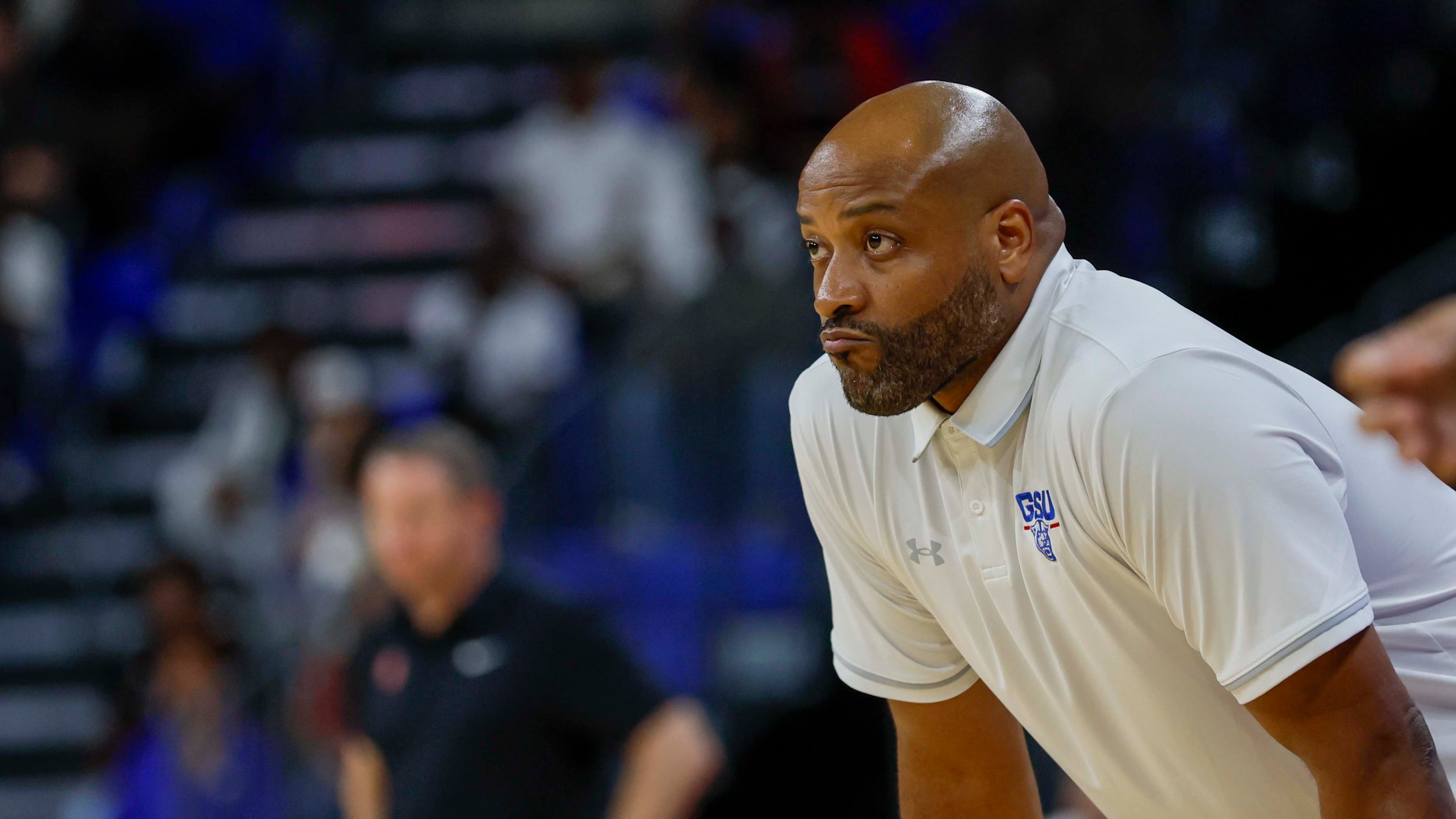 Georgia State Panthers head coach Jonas Hayes watches the court action during the first half of an exhibition opener game against the Georgia Bulldogs at the Georgia State Convocation Center, Wednesday, October 15, 2025, in Atlanta.  (Miguel Martinez/ AJC)
