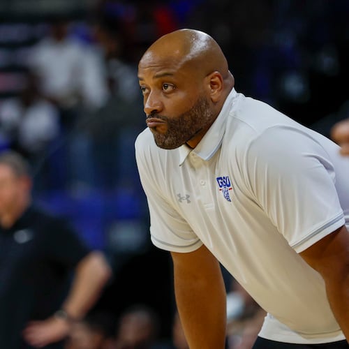 Georgia State Panthers head coach Jonas Hayes watches the court action during the first half of an exhibition opener game against the Georgia Bulldogs at the Georgia State Convocation Center, Wednesday, October 15, 2025, in Atlanta.  (Miguel Martinez/ AJC)