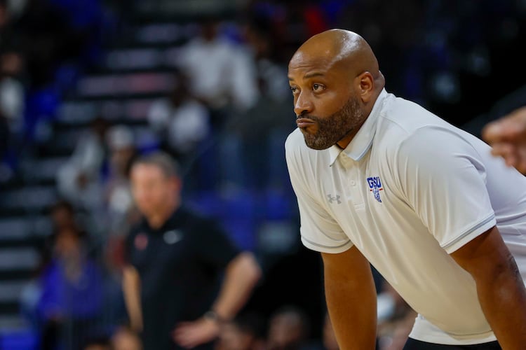 Panthers head coach Jonas Hayes watches the court action during an exhibition opener game against the Bulldogs at the Georgia State Convocation Center on Wednesday, Oct. 15, 2025, in Atlanta. (Miguel Martinez/AJC)