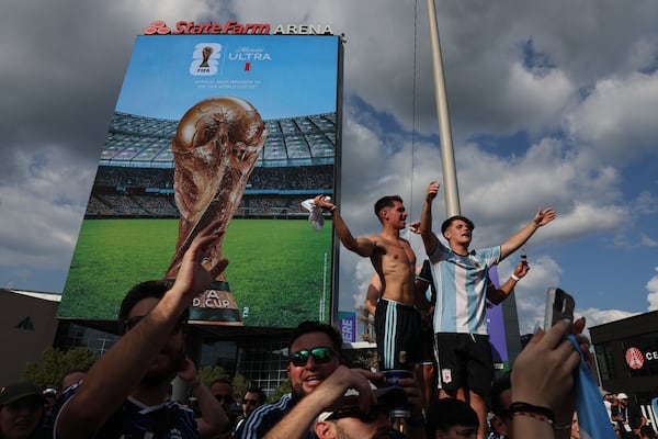 Argentina fans celebrate outside Atlanta Stadium (Mercedes-Benz Stadium) after Argentina wins the FIFA World Cup game between England and Argentina in Atlanta on July 15, 2026. It’s the last game Atlanta is hosting. Argentina won 2-1. (Arvin Temkar/AJC)