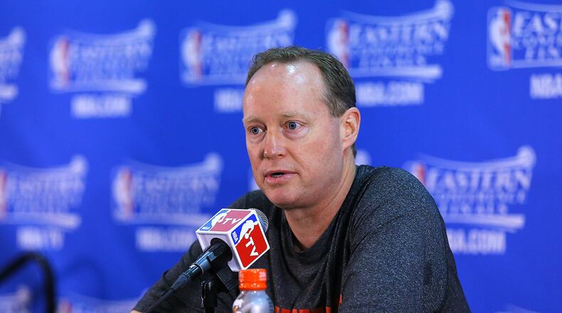 Hawks head coach Mike Budenholzer speaks before Game 2 of the Eastern Conference Finals against the Cavaliers on Friday, May 22, 2015, in Atlanta. Curtis Compton / ccompton@ajc.com