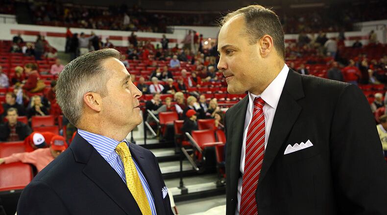 Georgia coach Mark Fox (right) will look to improve on a 2-4 mark against Georgia Tech and coach Brian Gregory when the two basketball teams play on Dec. 19 in Athens.