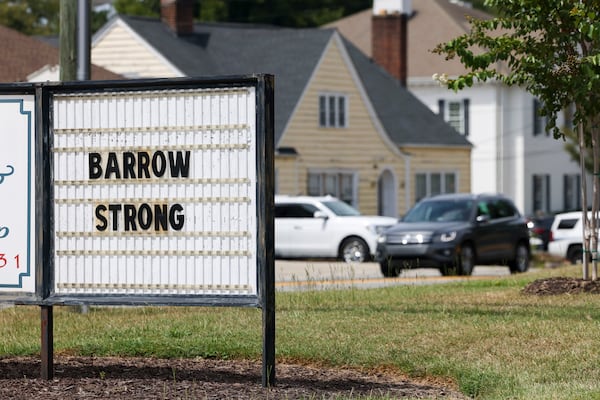 A sign reads "Barrow Strong" at Ann's Flower and Gift Shop in memory of the four victims shot and killed at Apalachee High School on Sept. 4, 2024, in Winder. (Jason Getz/AJC)
