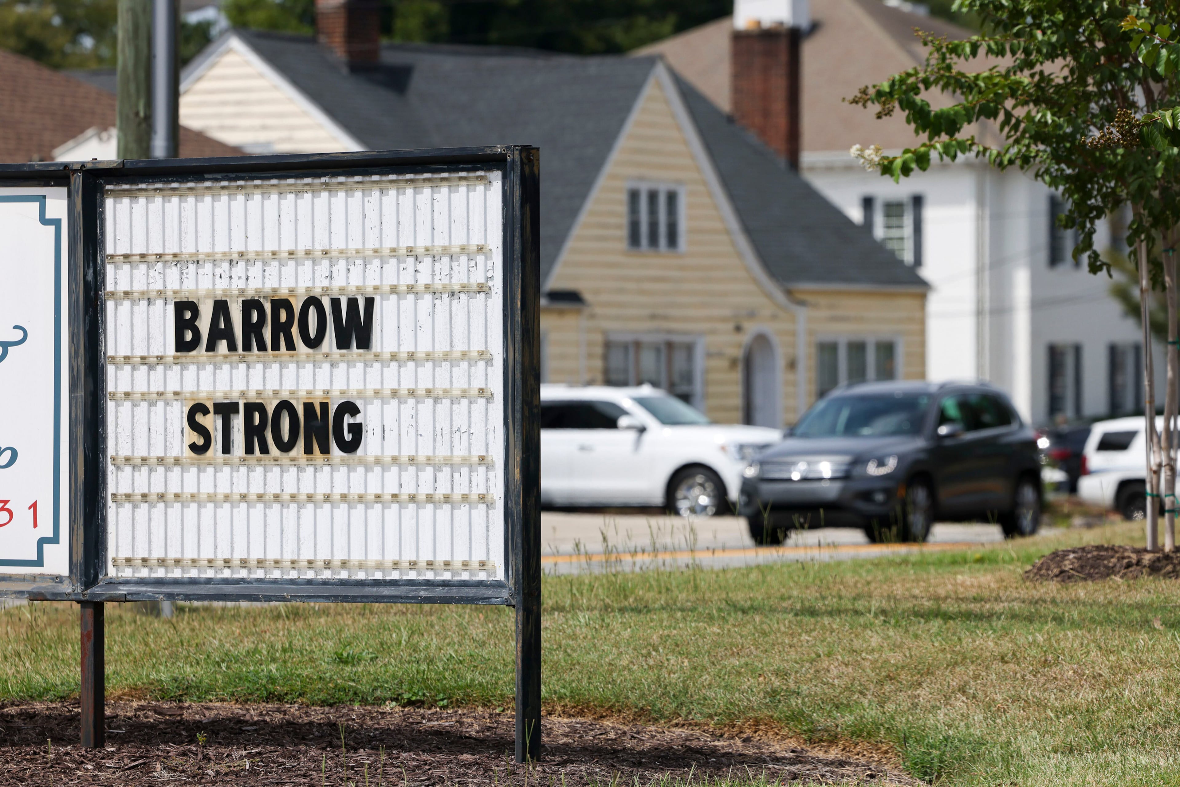 A sign reads "Barrow Strong" at Ann's Flower and Gift Shop in memory of the four victims shot and killed at Apalachee High School on Sept. 4, 2024, in Winder. (Jason Getz/AJC)